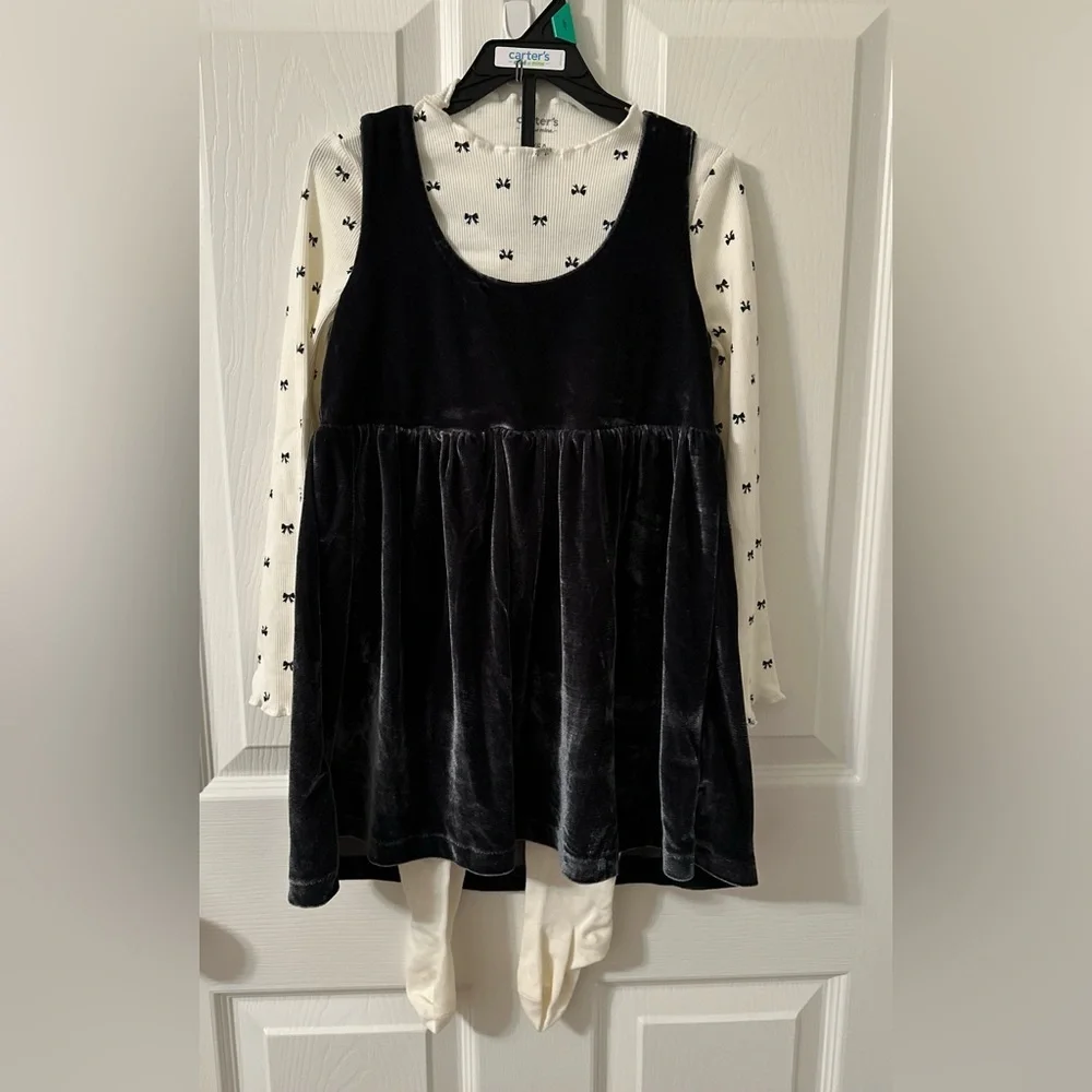 Carter’s Adorable Black Dress With White Long Sleeve Top Girls Set 3 Pieces